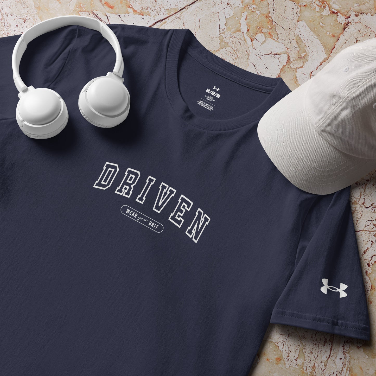 a model wearing Under Armour Driven T-Shirt Motivational– quick-dry workout apparel performance shirt for gym, running, and fitness training