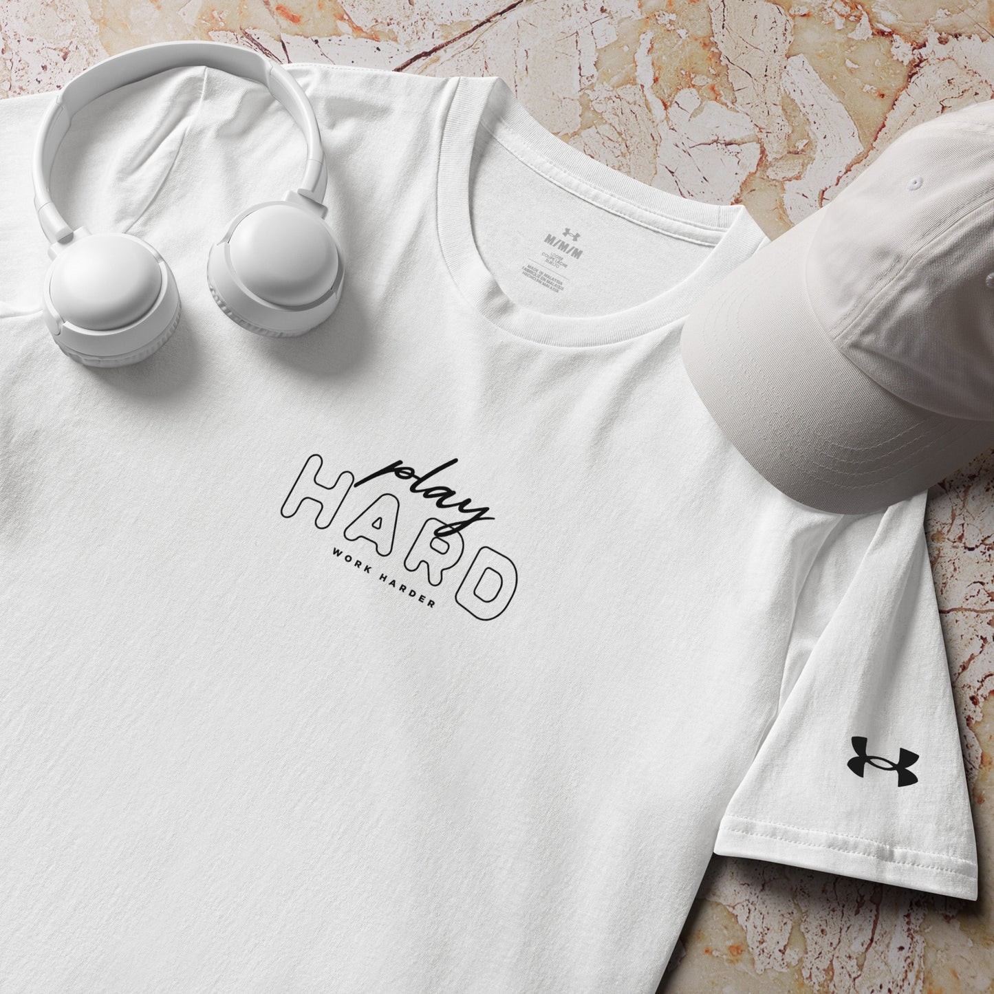 Motivational gym shirt – Under Armour athletic wear with Play Hard Work Harder graphic, unisex performance t-shirt for running, fitness, and gym sessions, athletic workout tee