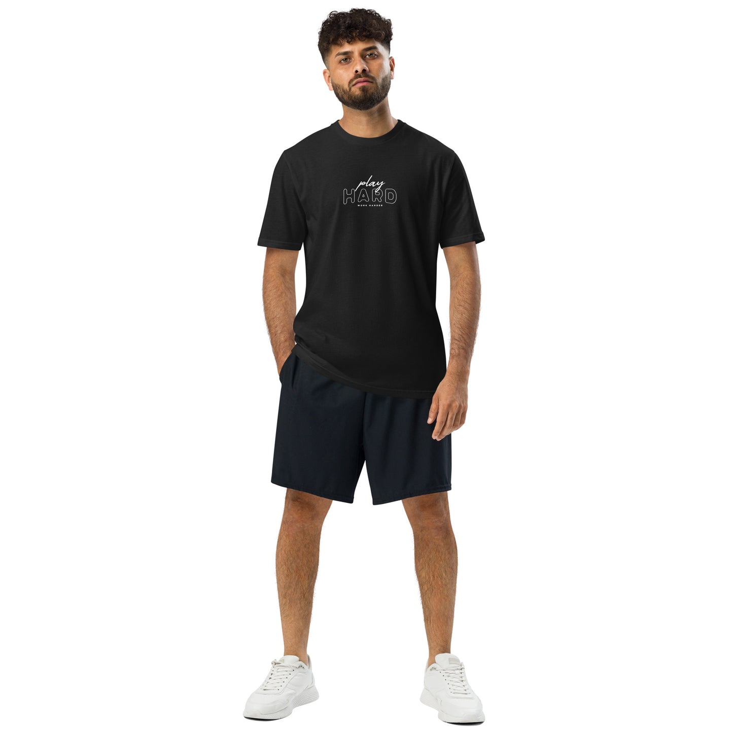 Man wearing a black Motivational gym shirt – Under Armour athletic wear with Play Hard Work Harder graphic, unisex performance t-shirt for running, fitness, and gym sessions, athletic workout tee