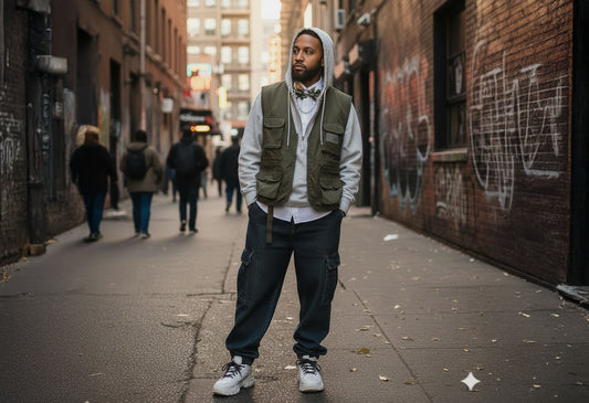 A model of a Man wearing a casual street-style hoodie outfit with a bow tie, hoodie, cargo pants, and utility vest while standing in an urban alleyway | Wear grit apparel