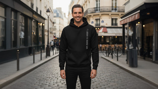 Model stands in all-black L’Obscurité attire, embodying presence and understated protest through minimalist fashion, purpose driven fashion wear grit clothing