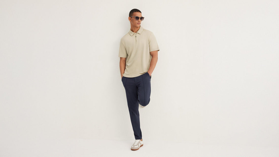 Wear Grit Clothing Mens polo shirt Fashion a photo of a model wearing light cream polo shirt on a plain background