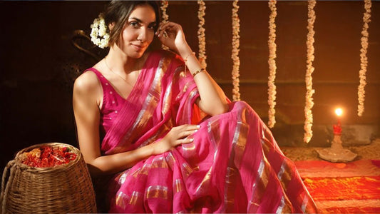 Rich silk Kanchipuram saree with vibrant colors and golden zari border Modern pre-stitched saree gown blending traditional drape with contemporary style