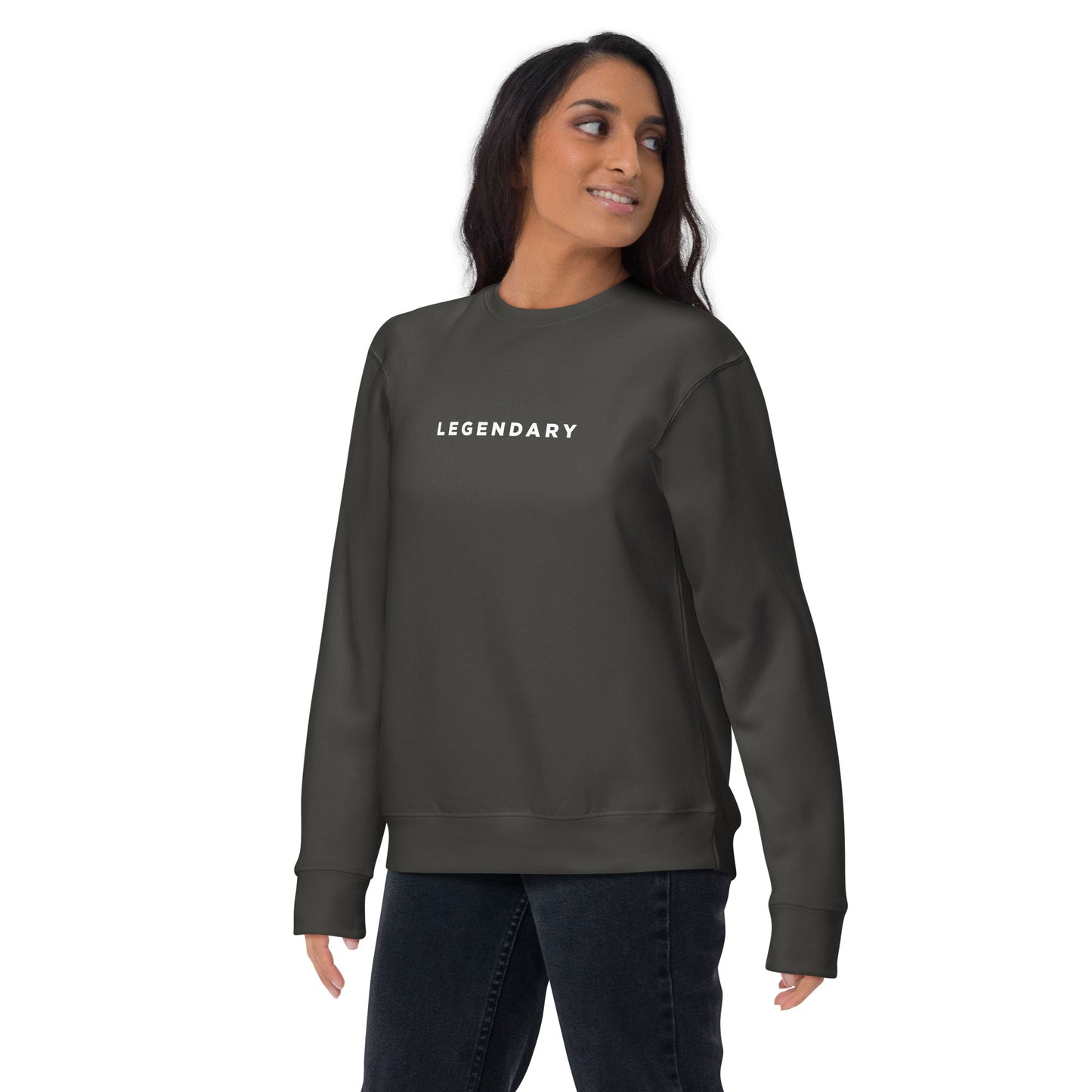A female model wearing dark grey Legendary motivational grit sweatshirt for achievers focused on growth, discipline, and long-term success by wear grit brand clothing