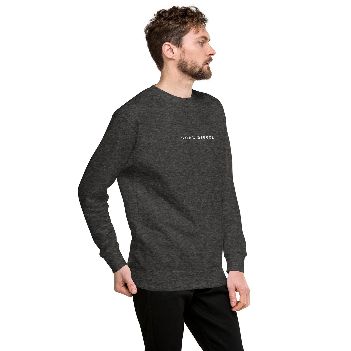 A male Model wearing Goal Digger Premium Sweatshirt—motivational mindset apparel for achievers | inspirational sweater clothing by Wear Grit Brand.