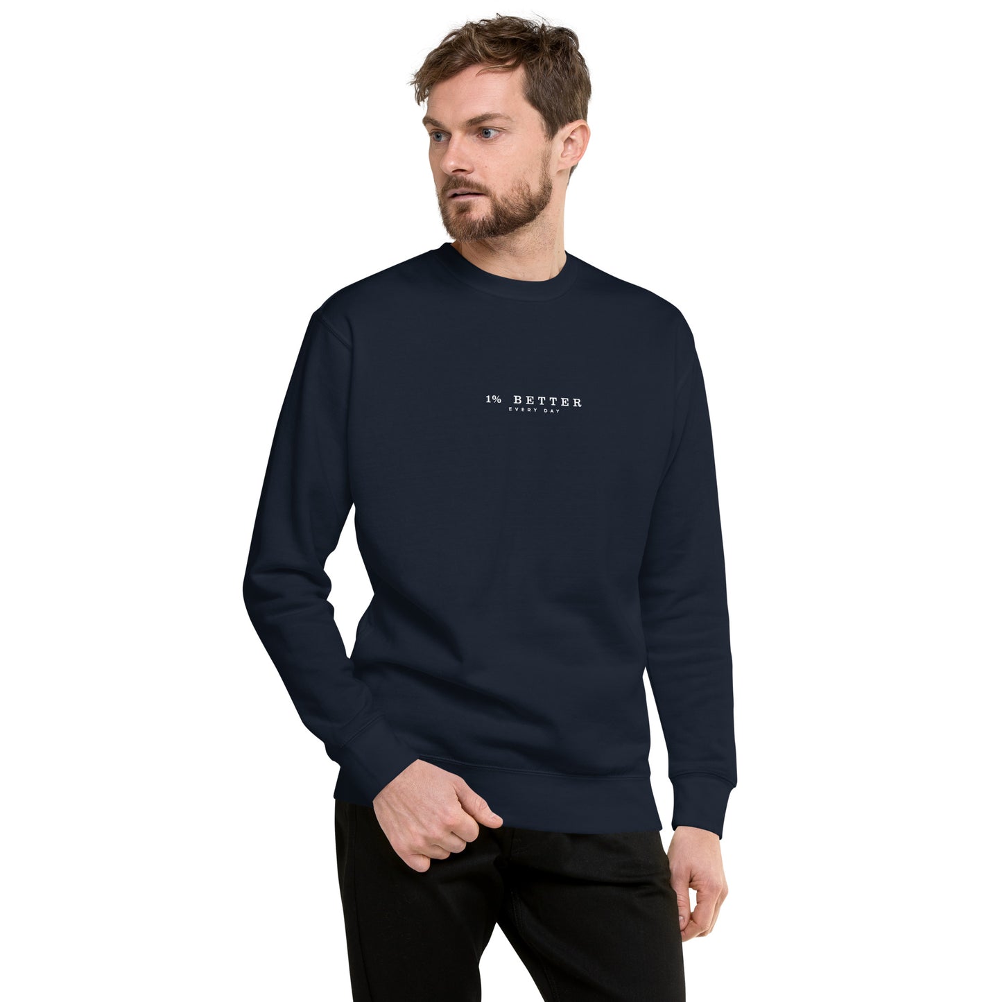 a male model wearing 1% Better Every Day — Motivational Grit Sweatshirt; mindset apparel for leaders and achievers focused on growth and discipline by wear grit brand clothing