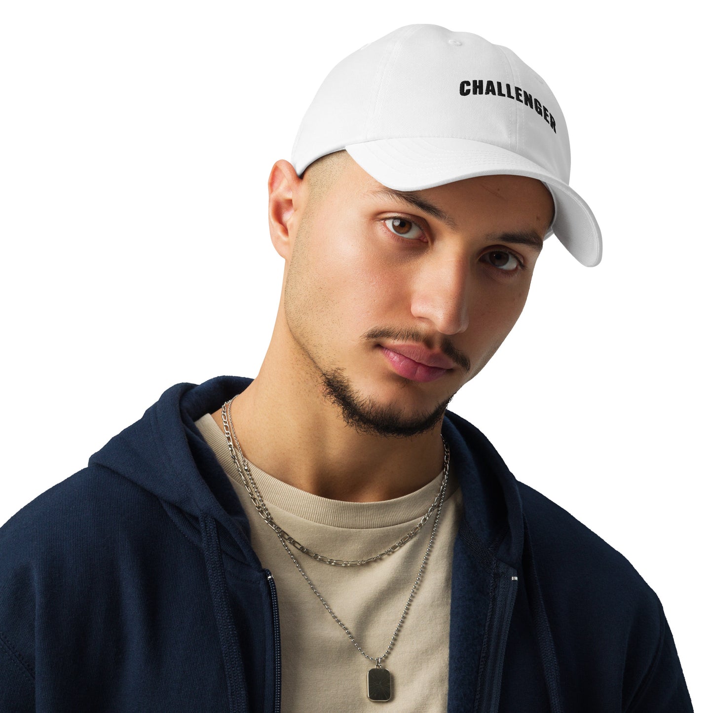 Athlete wearing white Challenger Under Armour dad hat with curved visor, low-profile unstructured fit, and embroidered logo for everyday performance wear by Wear Grit Brand