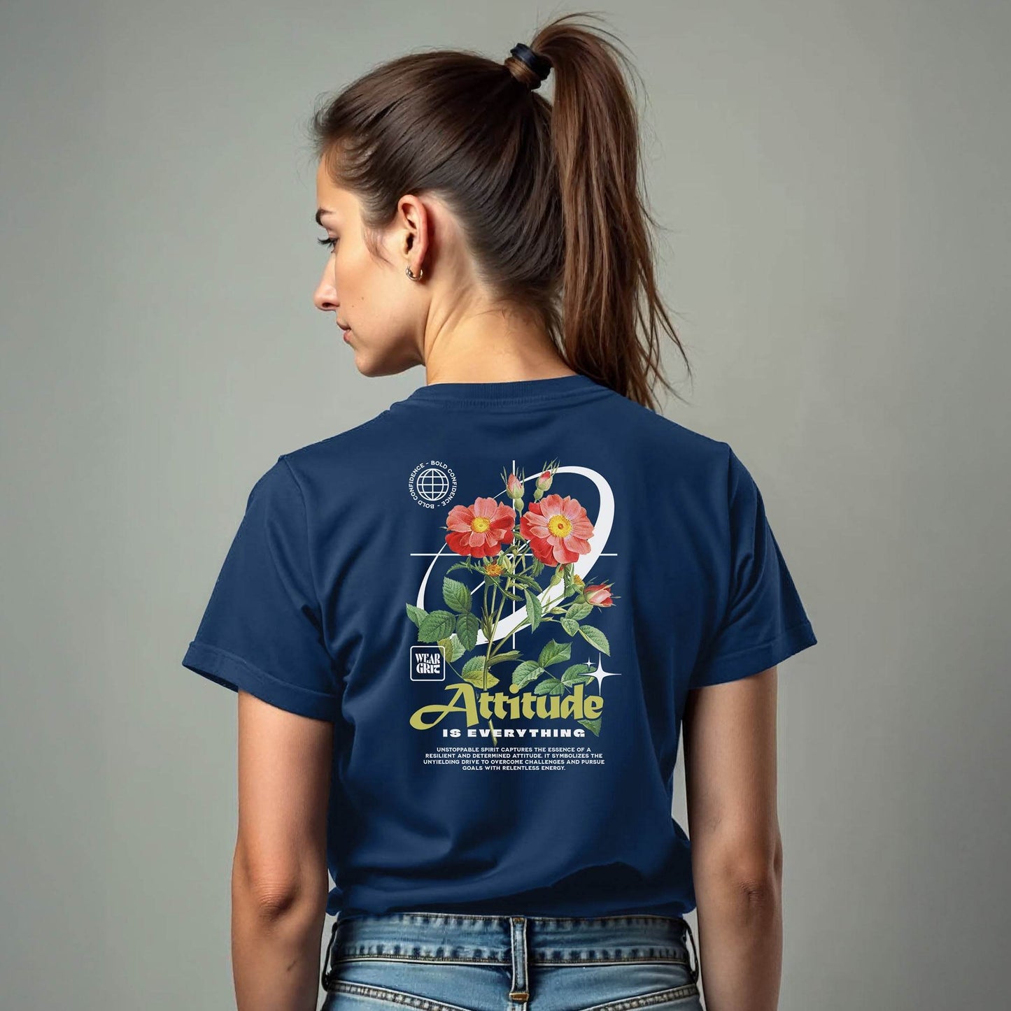 Model wearing Attitude is Everything graphic tee styled with jeans – motivational streetwear apparel by wear grit brand