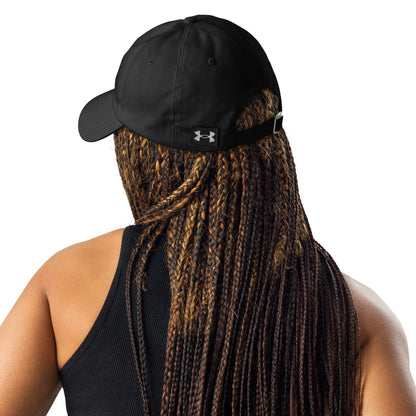 A photo of an athlete wearing black Legendary Under Armour® dad hat featuring an embroidered logo, low-profile unstructured design, adjustable strap, and performance-focused athletic style to elevate your mindset | Product by Wear Grit Brand Clothing