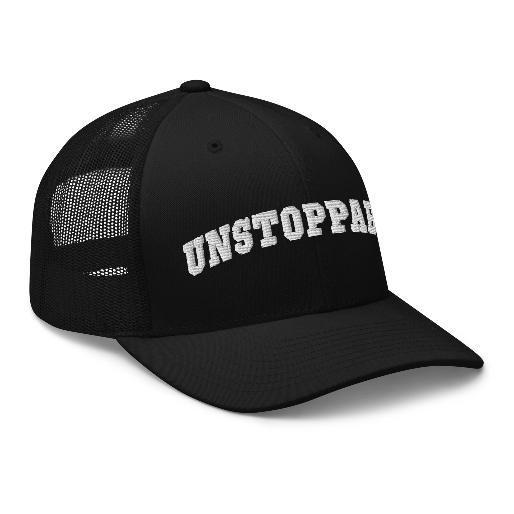 Black Unstoppable Trucker Hat mindset-driven by Wear Grit Brand Apparel – structured performance trucker hat for discipline, focus, and consistency