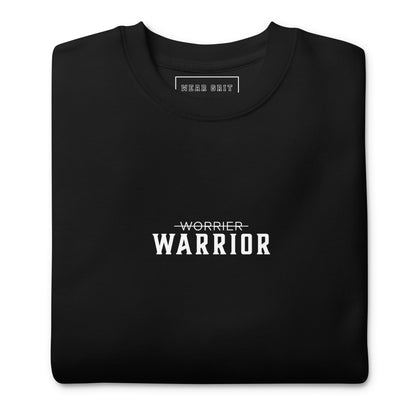 black Warrior motivational sweatshirt with Worrier crossed out design — grit clothing for focus, discipline, and affirmation mindset growth by wear grit brand