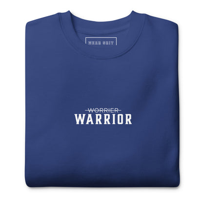 blue Warrior motivational sweatshirt with Worrier crossed out design — grit clothing for focus, discipline, and affirmation mindset growth by wear grit brand