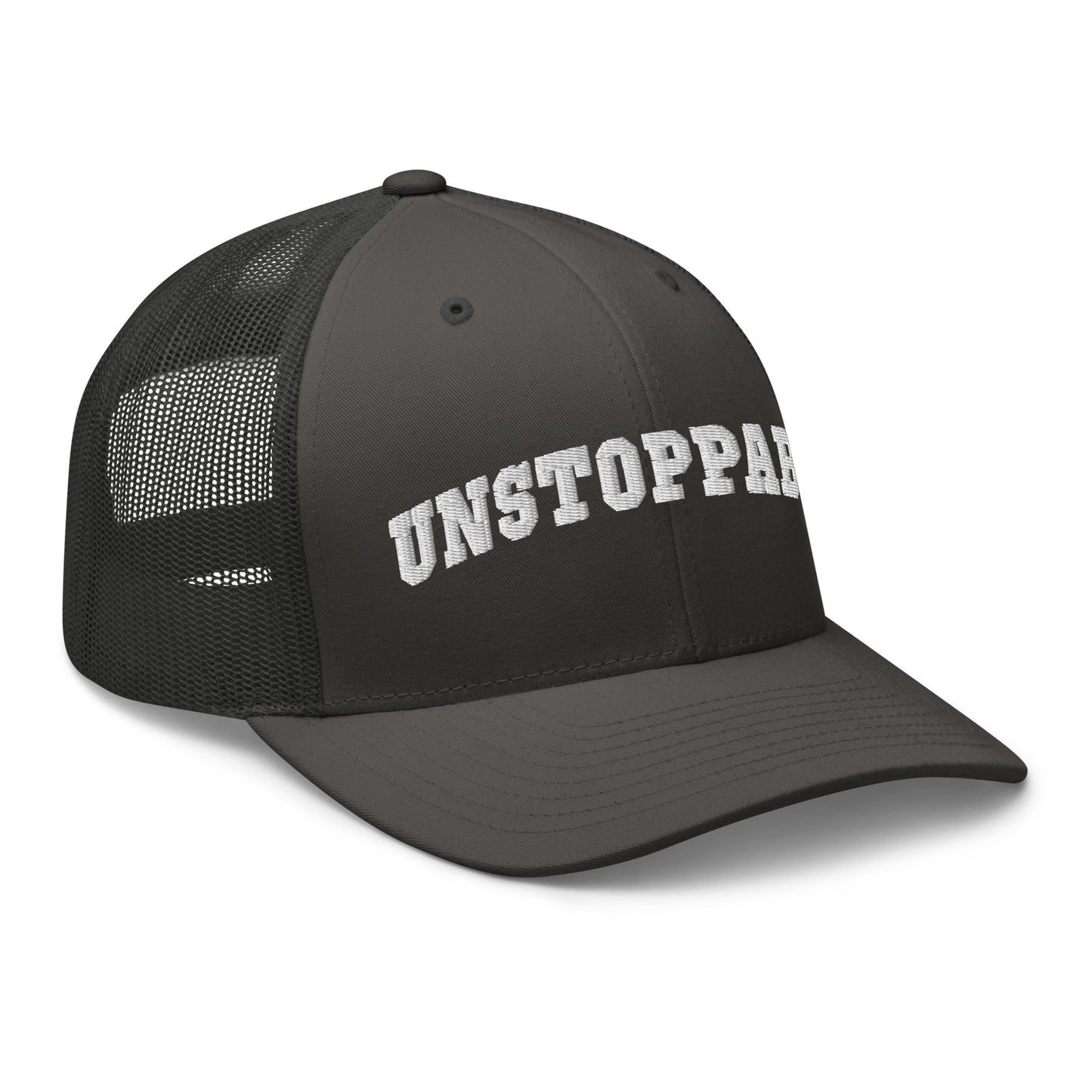 Charcoal Unstoppable Trucker Hat mindset-driven by Wear Grit Brand Apparel – structured performance trucker hat for discipline, focus, and consistency