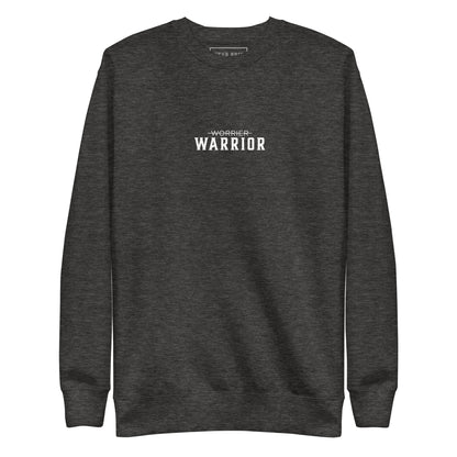 charcoal sweatshirt with 'Warrior' text on a white background, motivational apparel from the Wear Grit clothing brand