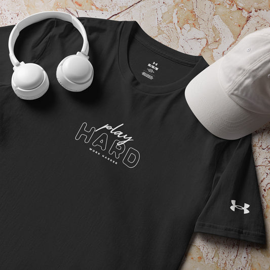 Black Under Armour Play Hard Work Harder T-Shirt front view – quick-dry workout tee