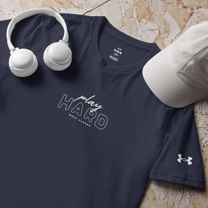 Motivational gym shirt – Under Armour athletic wear with Play Hard Work Harder graphic, unisex performance t-shirt for running, fitness, and gym sessions, athletic workout tee