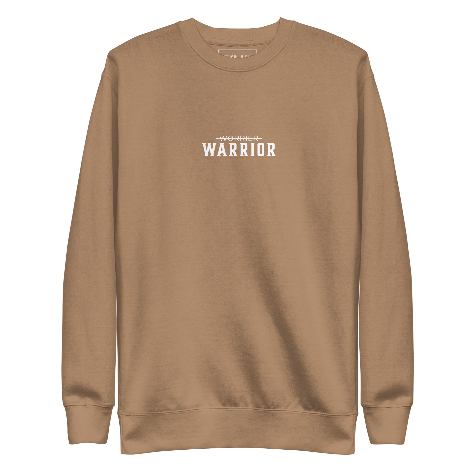 cream premium high quality sweatshirt with 'Warrior' text on a white background, motivational apparel from the Wear Grit clothing brand
