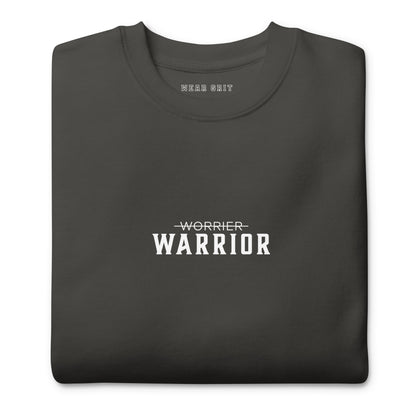 dark grey Warrior motivational sweatshirt with Worrier crossed out design — grit clothing for focus, discipline, and affirmation mindset growth by wear grit brand