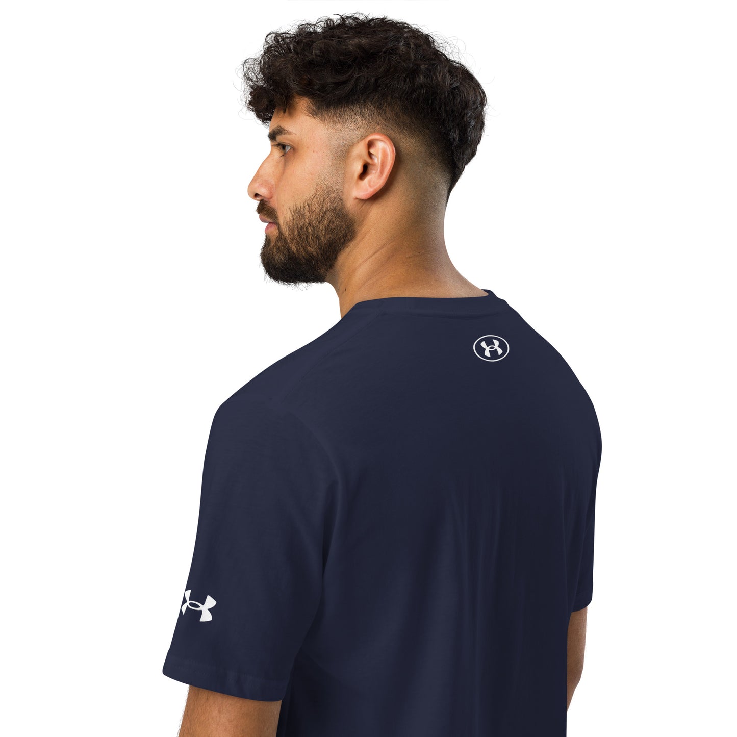 Back view shot of a model wearing Elevate Every Day Under ArmourⓇ athletic t-shirt with relaxed fit and premium performance fabric, motivational sportswear by Wear Grit Brand Clothing