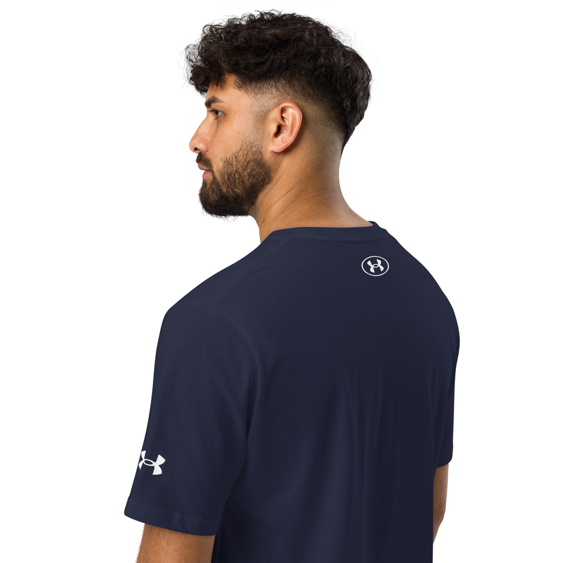 Back view shot of a model wearing Elevate Every Day Under ArmourⓇ athletic t-shirt with relaxed fit and premium performance fabric, motivational sportswear by Wear Grit Brand Clothing