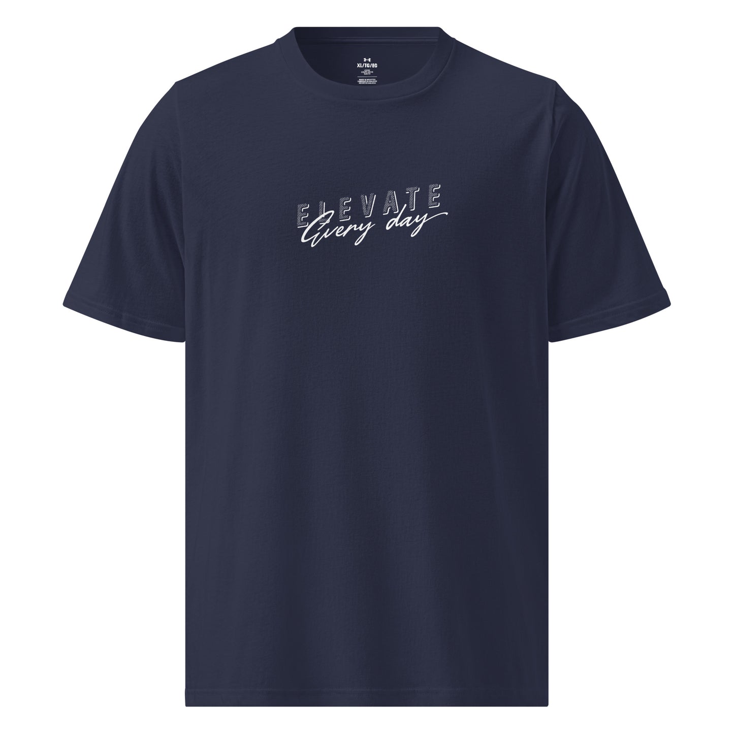 Product shot of Navy Elevate Every Day Under ArmourⓇ athletic t-shirt with relaxed fit and premium performance fabric, motivational sportswear by Wear Grit Brand Clothing