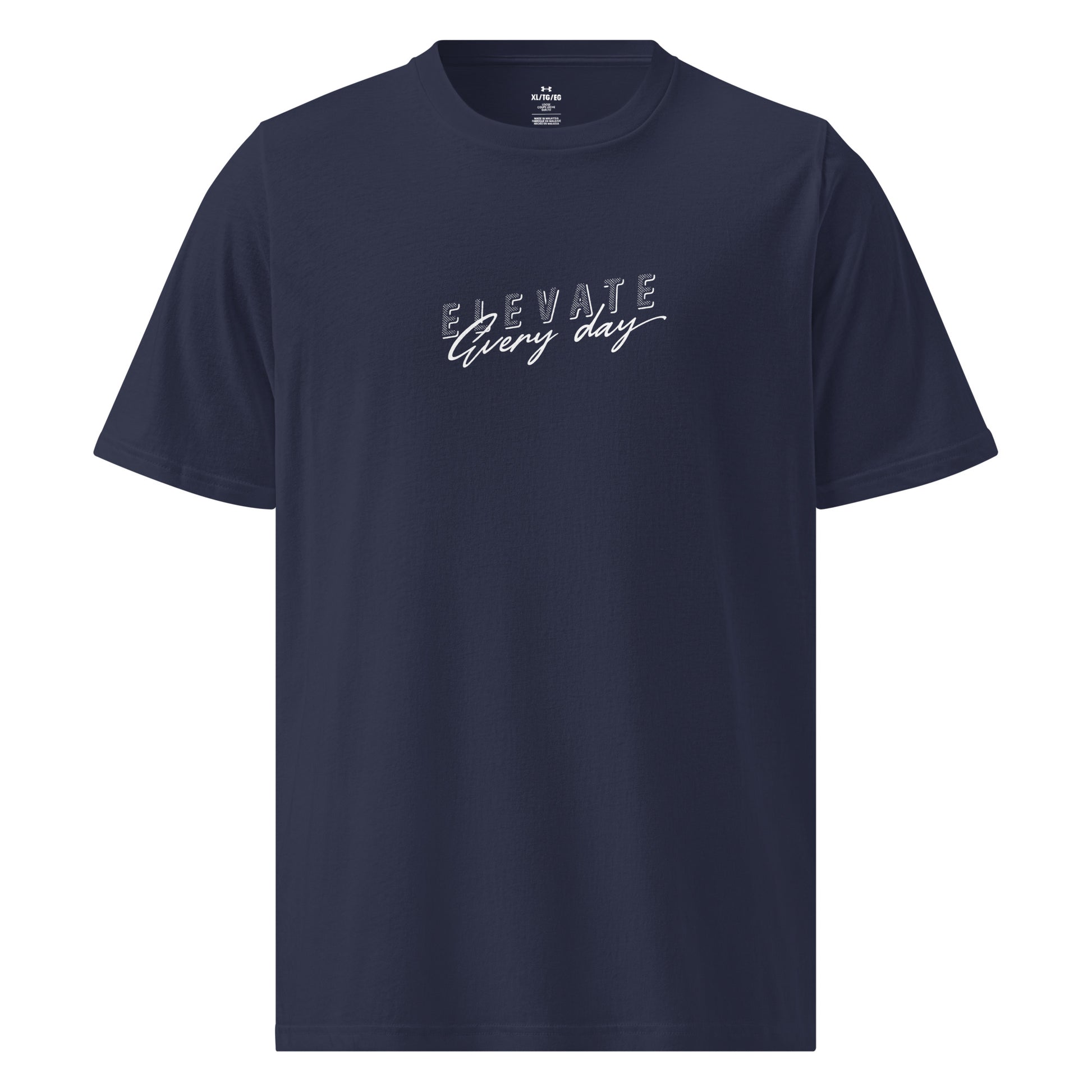 Product shot of Navy Elevate Every Day Under ArmourⓇ athletic t-shirt with relaxed fit and premium performance fabric, motivational sportswear by Wear Grit Brand Clothing
