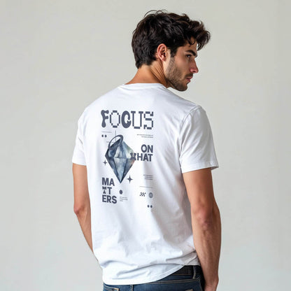 Focus on What Matters motivational graphic t shirt for men and women – Wear Grit | model back view wearing Graphic Tee | Lifestyle shot Focus on What Matters Graphic Tee – streetwear, daily wear, mindset clothing - wear grit brand
