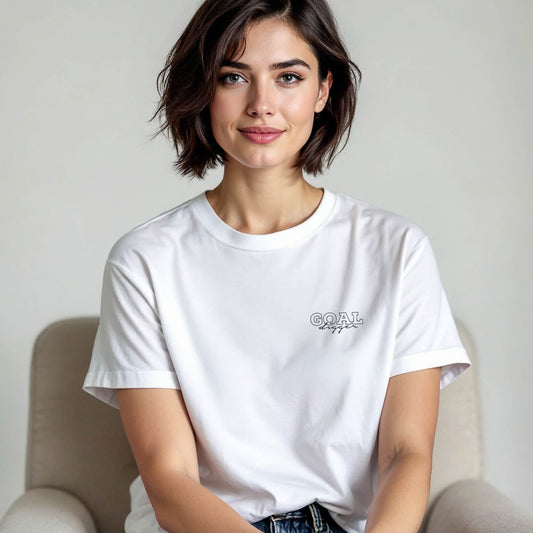 Model wearing Goal Digger motivational affirmation shirt made of 100% cotton, relaxed unisex fit, promoting grit, mindset, and growth-focused fashion by Wear Grit Brand clothing