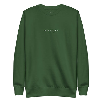 green sweater with a print 1% Better Every Day — Motivational Grit biege Sweatshirt; mindset apparel for leaders and achievers focused on growth and discipline by wear grit brand clothing