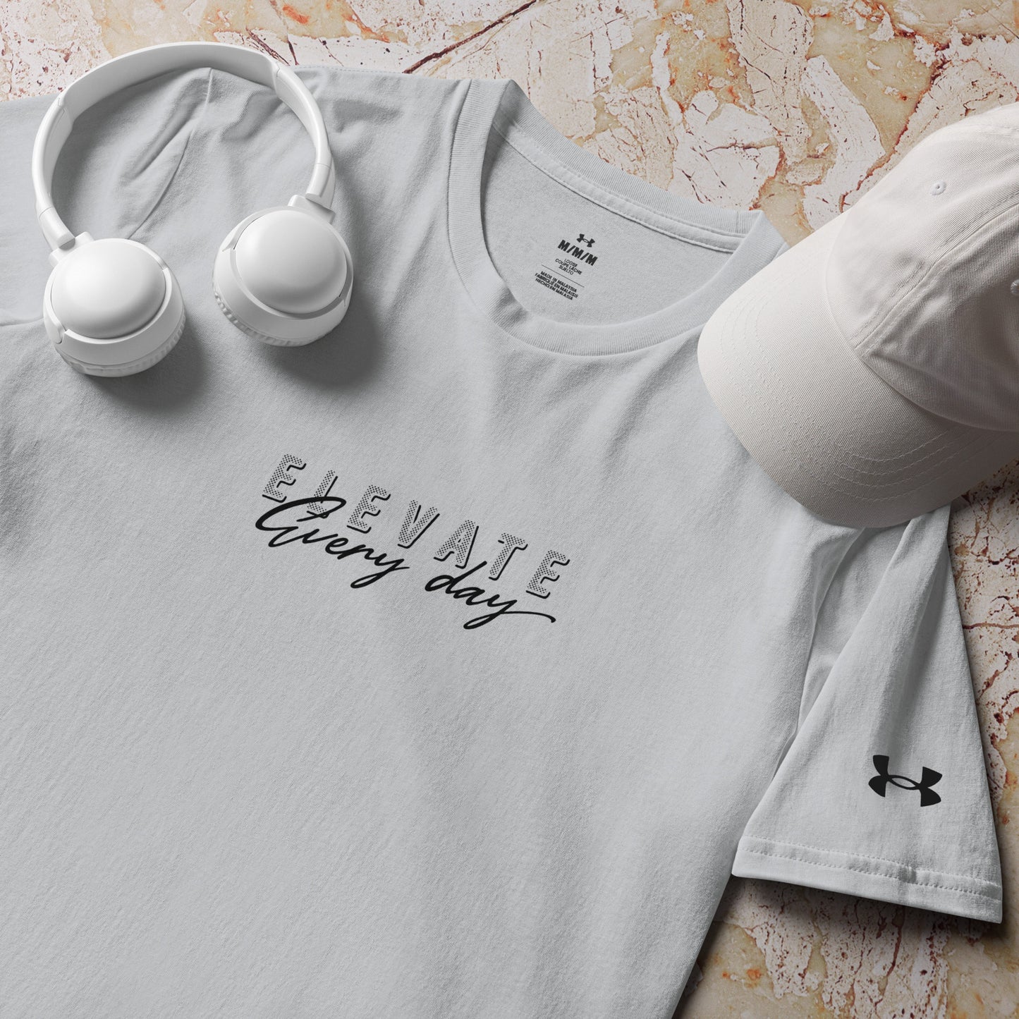 product shot of a grey Elevate Every Day Under ArmourⓇ athletic t-shirt with relaxed fit and premium performance fabric, motivational sportswear by Wear Grit Brand Clothing