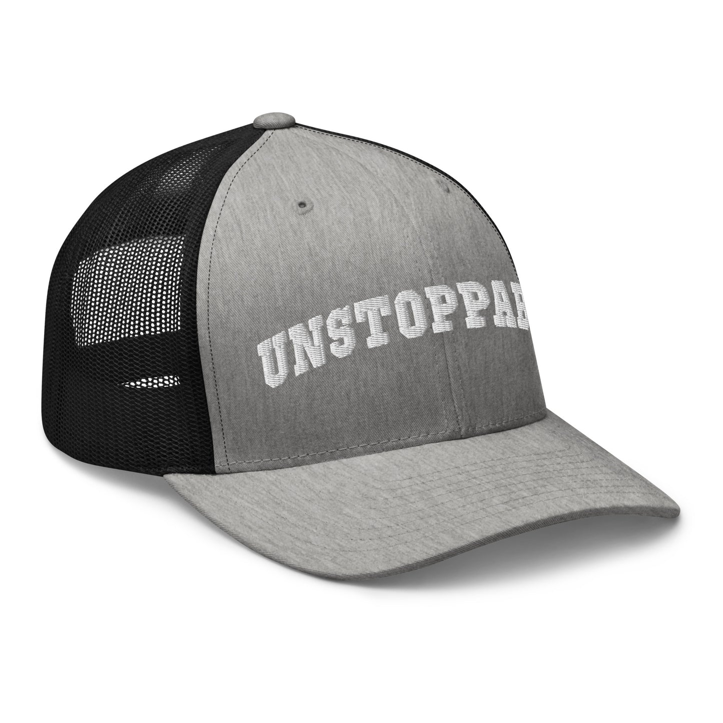 Grey Unstoppable Trucker Hat mindset-driven by Wear Grit Brand Apparel – structured performance trucker hat for discipline, focus, and consistency