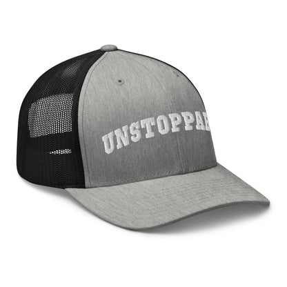 Grey Unstoppable Trucker Hat mindset-driven by Wear Grit Brand Apparel – structured performance trucker hat for discipline, focus, and consistency