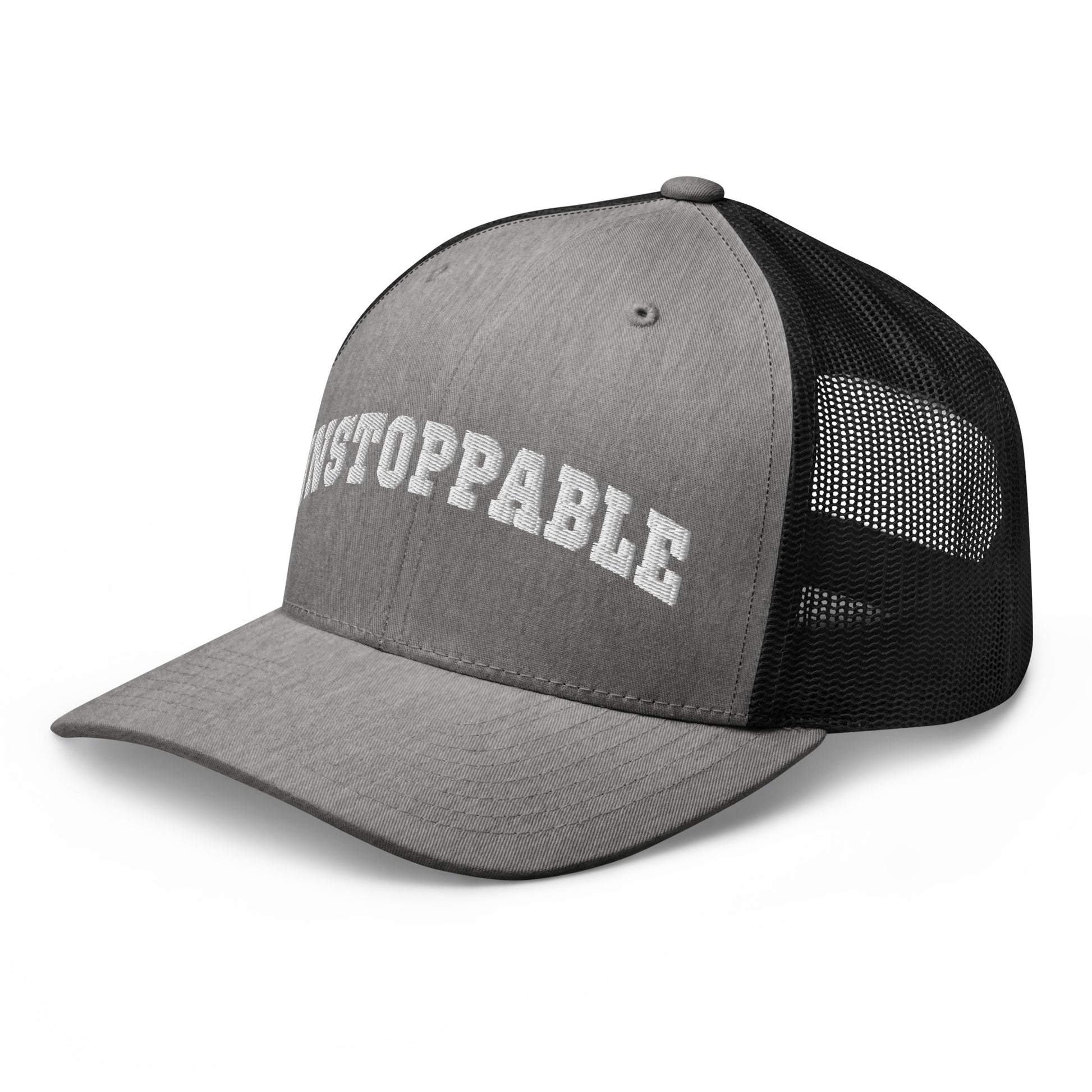 Grey Unstoppable Trucker Hat mindset-driven by Wear Grit Brand Apparel – structured performance trucker hat for discipline, focus, and consistency