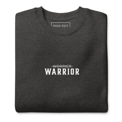 grey Warrior motivational sweatshirt with Worrier crossed out design — grit clothing for focus, discipline, and affirmation mindset growth by wear grit brand