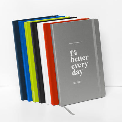 notebook with '1% better every day' on a marble desk with office supplies. Growth Mindset & Productivity Journal for speakers, leaders, executives, professionals and business owners by wear grit brand