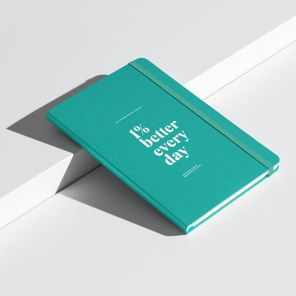 turquoise notebook with '1% better every day' on a marble desk with office supplies. Growth Mindset & Productivity Journal for speakers, leaders, executives, professionals and business owners by wear grit brand