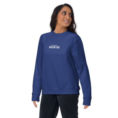 a lady wearing a blue long-sleeve shirt with 'WARRIOR' printed on it, a high-quality motivational and mindset-driven sweatshirt apparel by wear grit brand clothing