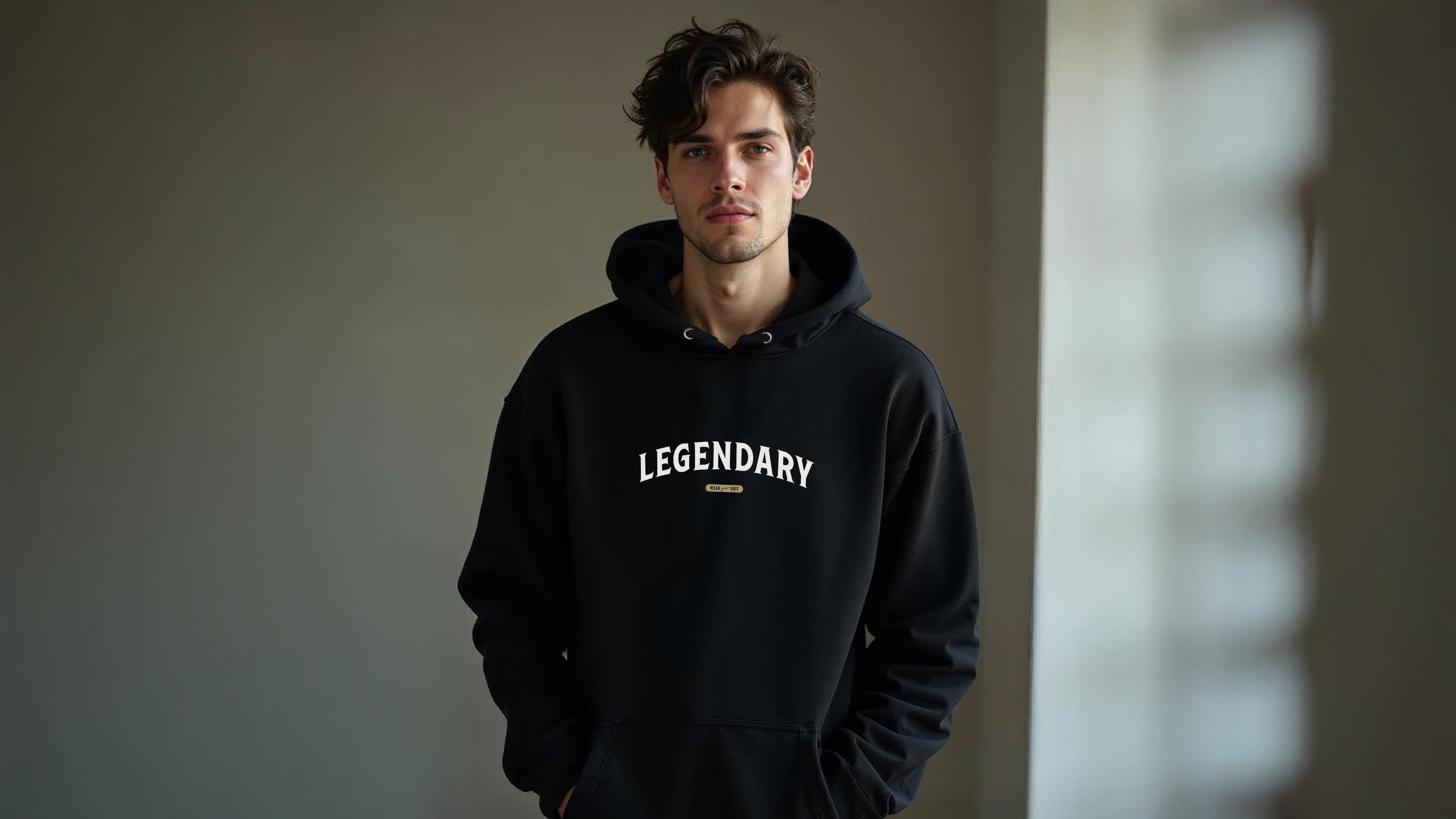 a man wearing a Legendary Hoodie – motivational grit pullover with bold lettering | Wear grit brand affirmation apparel fashion