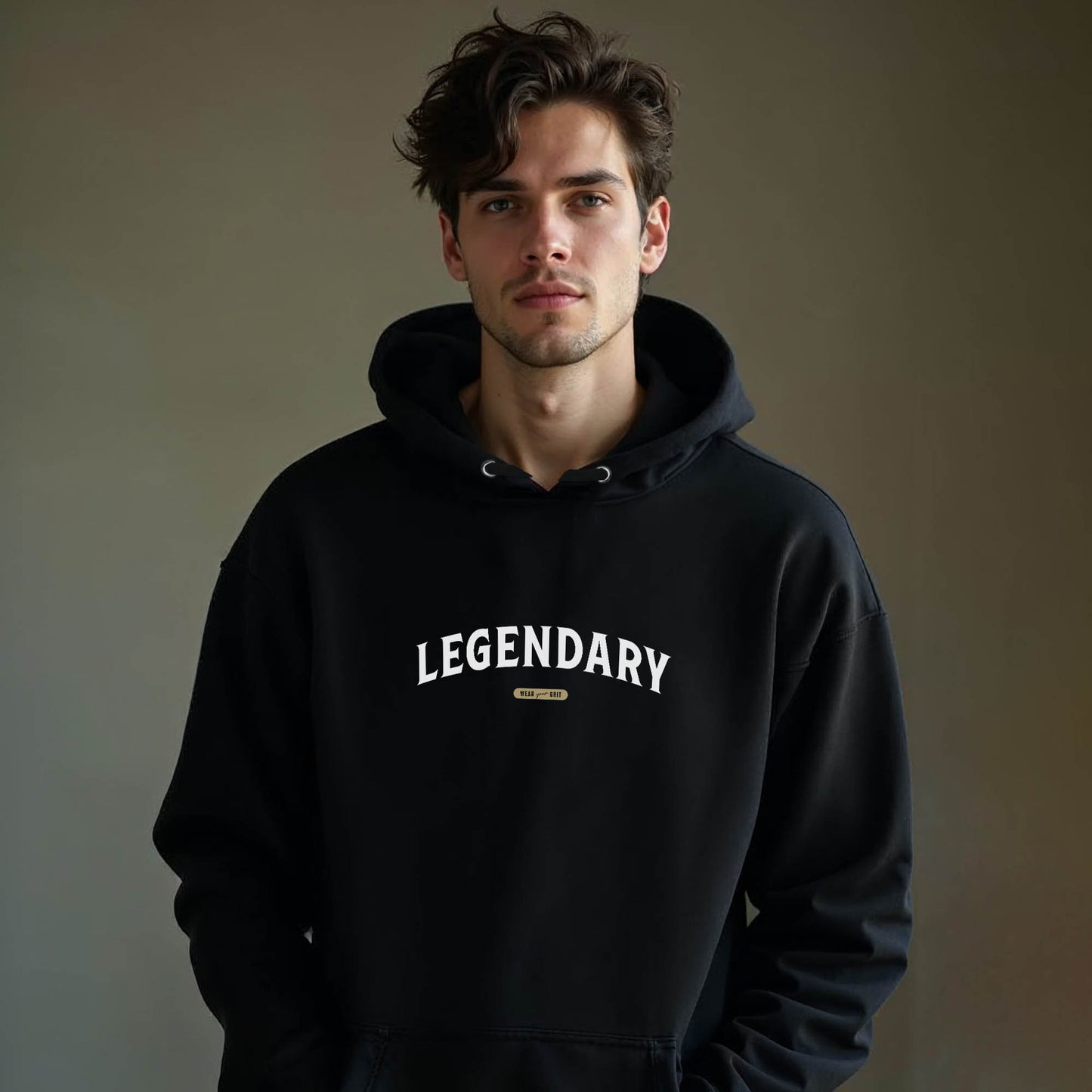 a man wearing a Legendary Hoodie – motivational grit pullover with bold lettering | Wear grit brand affirmation apparel