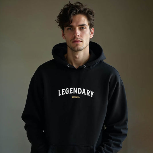 a man wearing a Legendary Hoodie – motivational grit pullover with bold lettering | Wear grit brand affirmation apparel