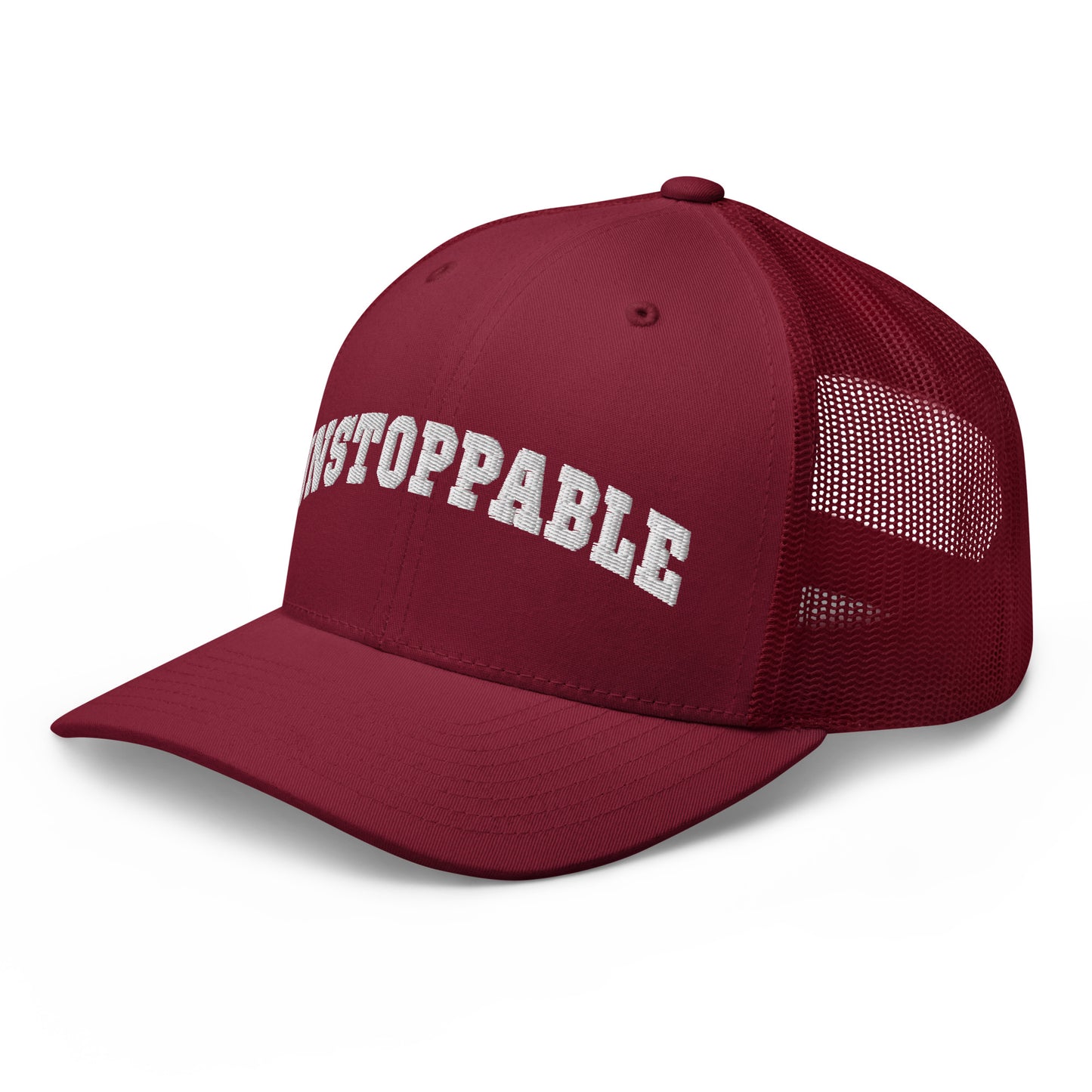 maroon Unstoppable Trucker Hat mindset-driven by Wear Grit Brand Apparel – structured performance trucker hat for discipline, focus, and consistency