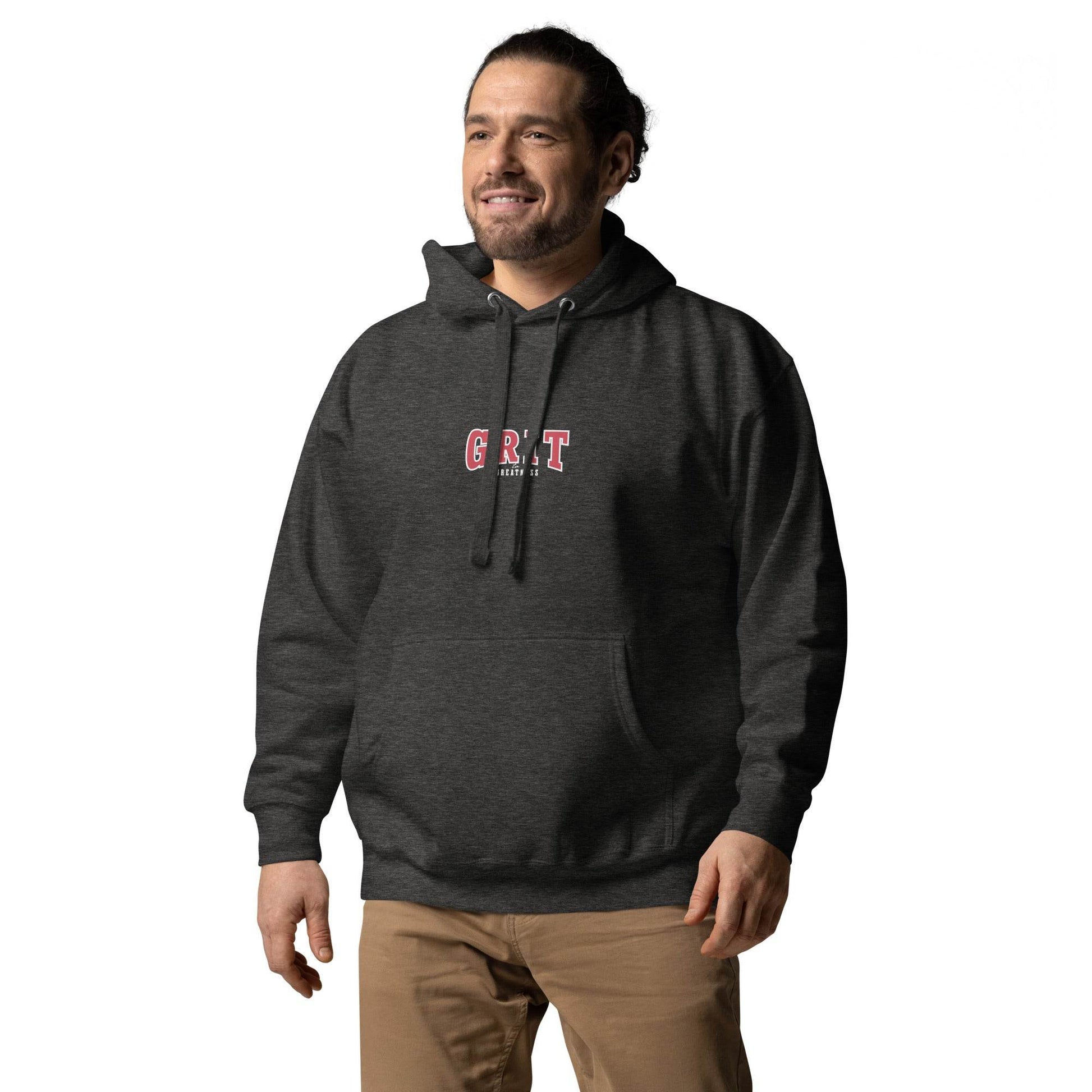 A person wearing the charcoal Grit Hoodie from Wear Grit Brand Clothing, representing resilience, discipline, and a growth mindset.