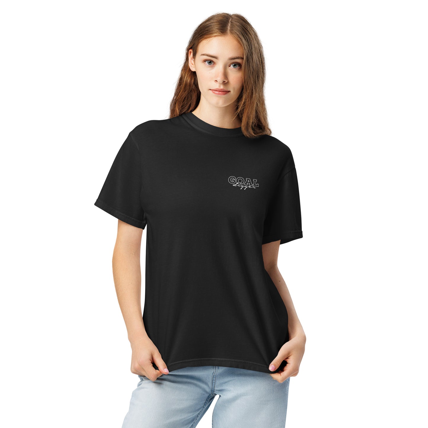 Model wearing Goal Digger motivational graphic t-shirt made of 100% cotton, relaxed unisex fit, promoting grit, mindset, and growth-focused fashion by Wear Grit Brand clothing