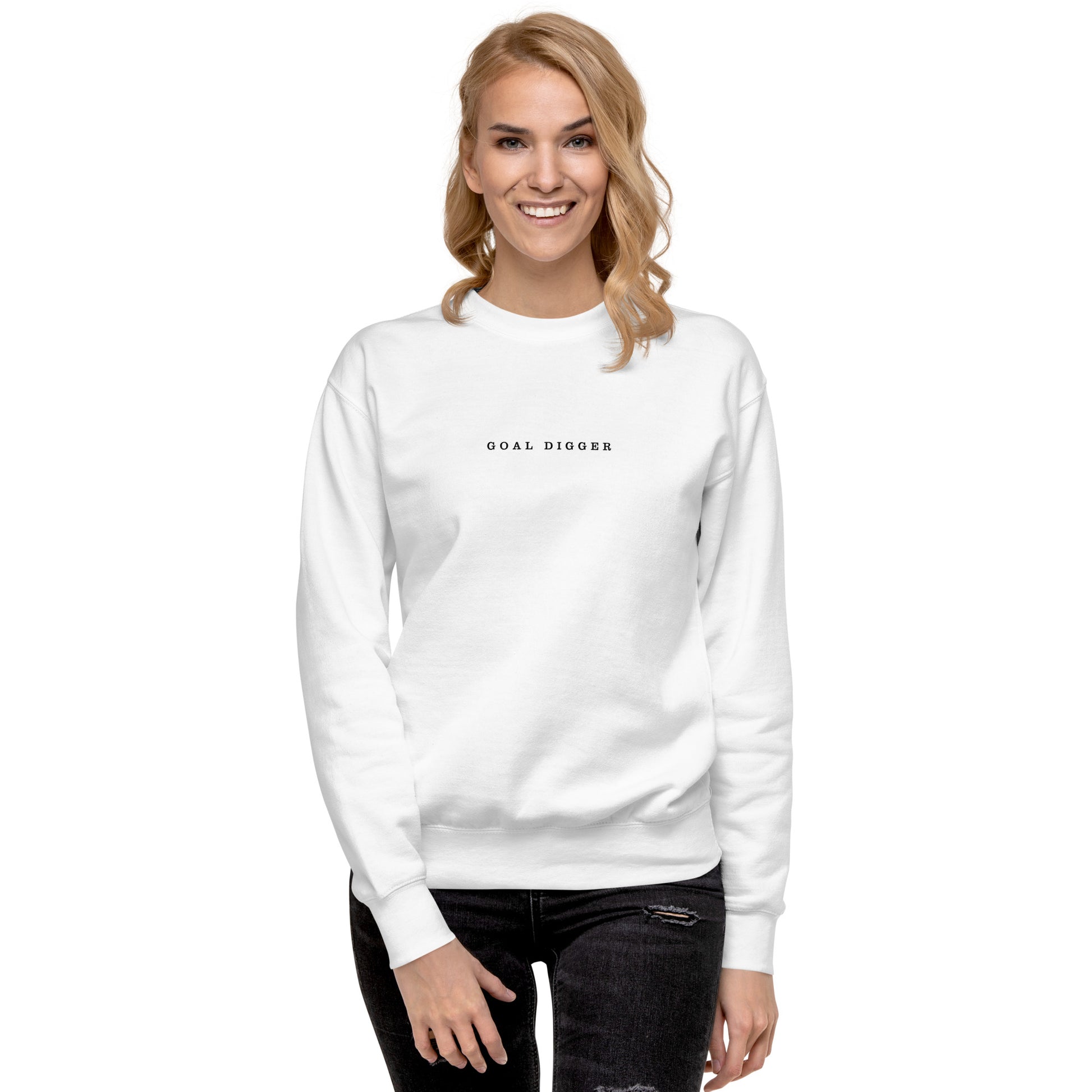 A female Model wearing Goal Digger Premium Sweatshirt—motivational mindset apparel for achievers | inspirational sweater clothing by Wear Grit Brand.