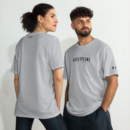 Models wearing grey Discipline Under Armour athletic t-shirt for training, fitness, and mindset-focused motivational performance sportswear by Wear Grit Brand Clothing