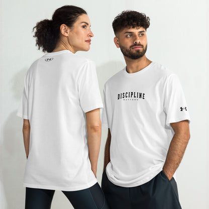 Models wearing white Discipline Under Armour athletic t-shirt for training, fitness, and mindset-focused motivational performance sportswear by Wear Grit Brand Clothing