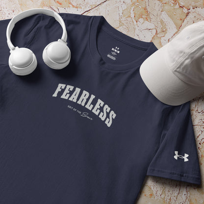 a product shot of navy Fearless Under ArmourⓇ fitness t-shirt for training and workouts with relaxed fit and split hem