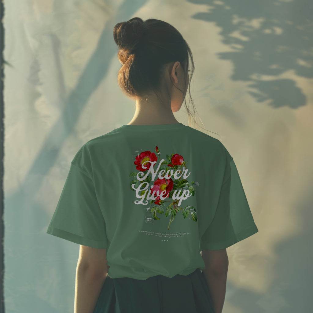 Lifestyle shot of Never Give Up graphic tee streetwear style-wear grit t-shirt