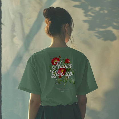 Lifestyle shot of Never Give Up graphic tee streetwear style-wear grit t-shirt