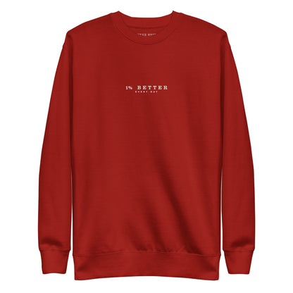 red sweater with a print 1% Better Every Day — Motivational Grit biege Sweatshirt; mindset apparel for leaders and achievers focused on growth and discipline by wear grit brand clothing